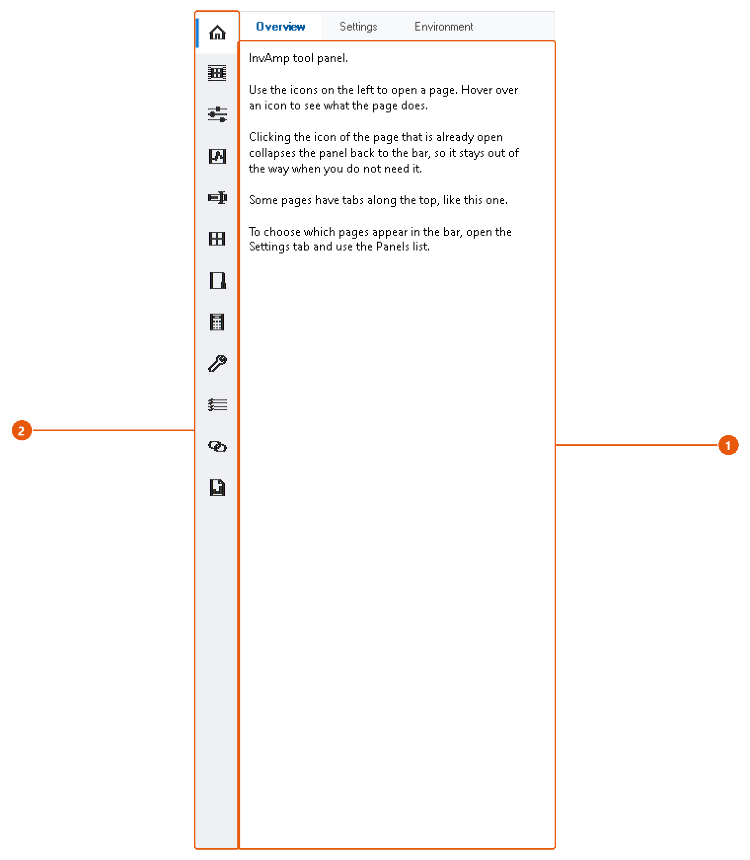 About InvAmp: screenshot with numbered callouts