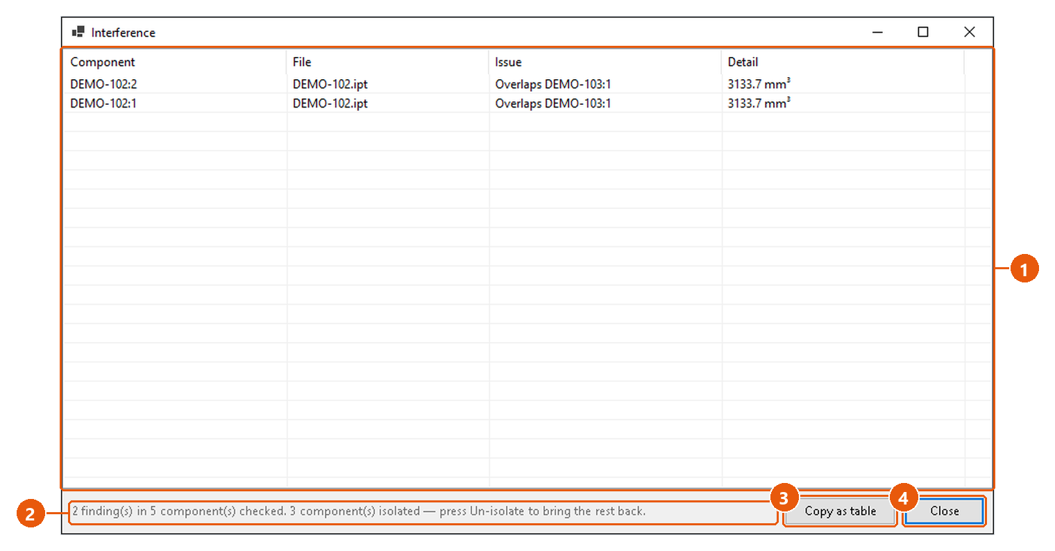 Assembly Tools — checking an assembly: screenshot with numbered callouts