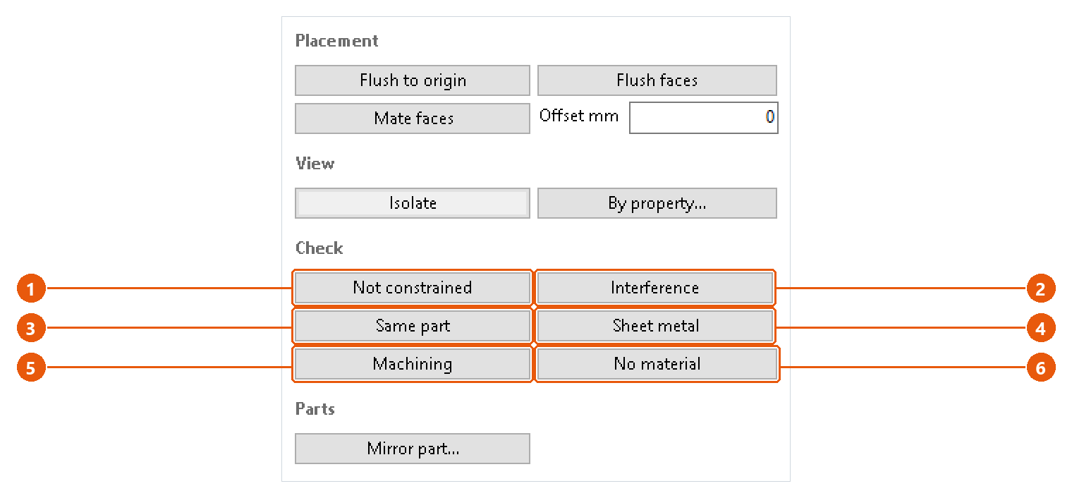 Assembly Tools — checking an assembly: screenshot with numbered callouts