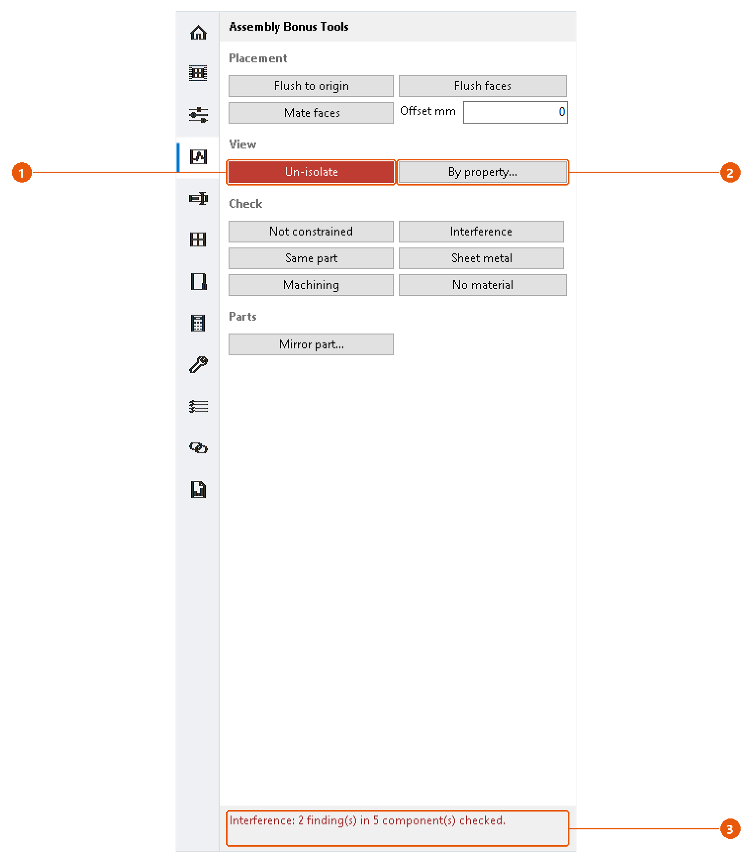 Assembly Tools — isolate: screenshot with numbered callouts