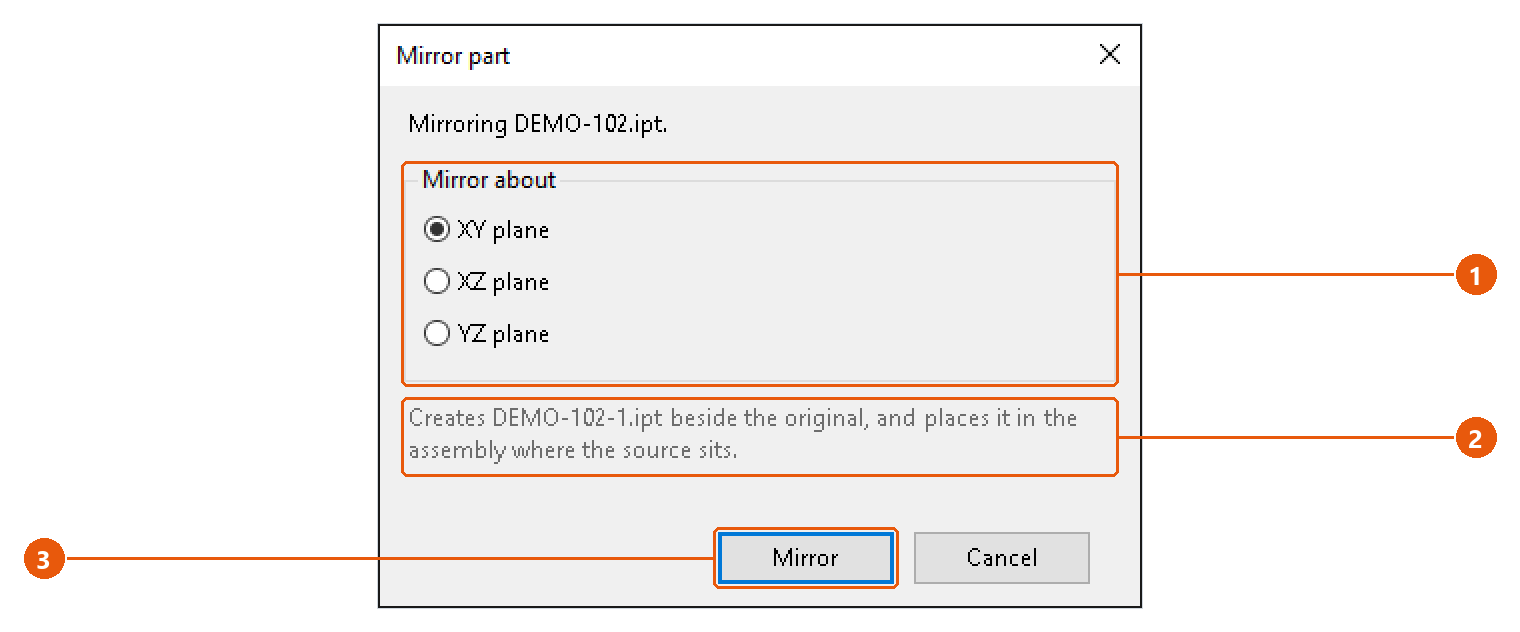 Assembly Tools — placement and mirror: screenshot with numbered callouts