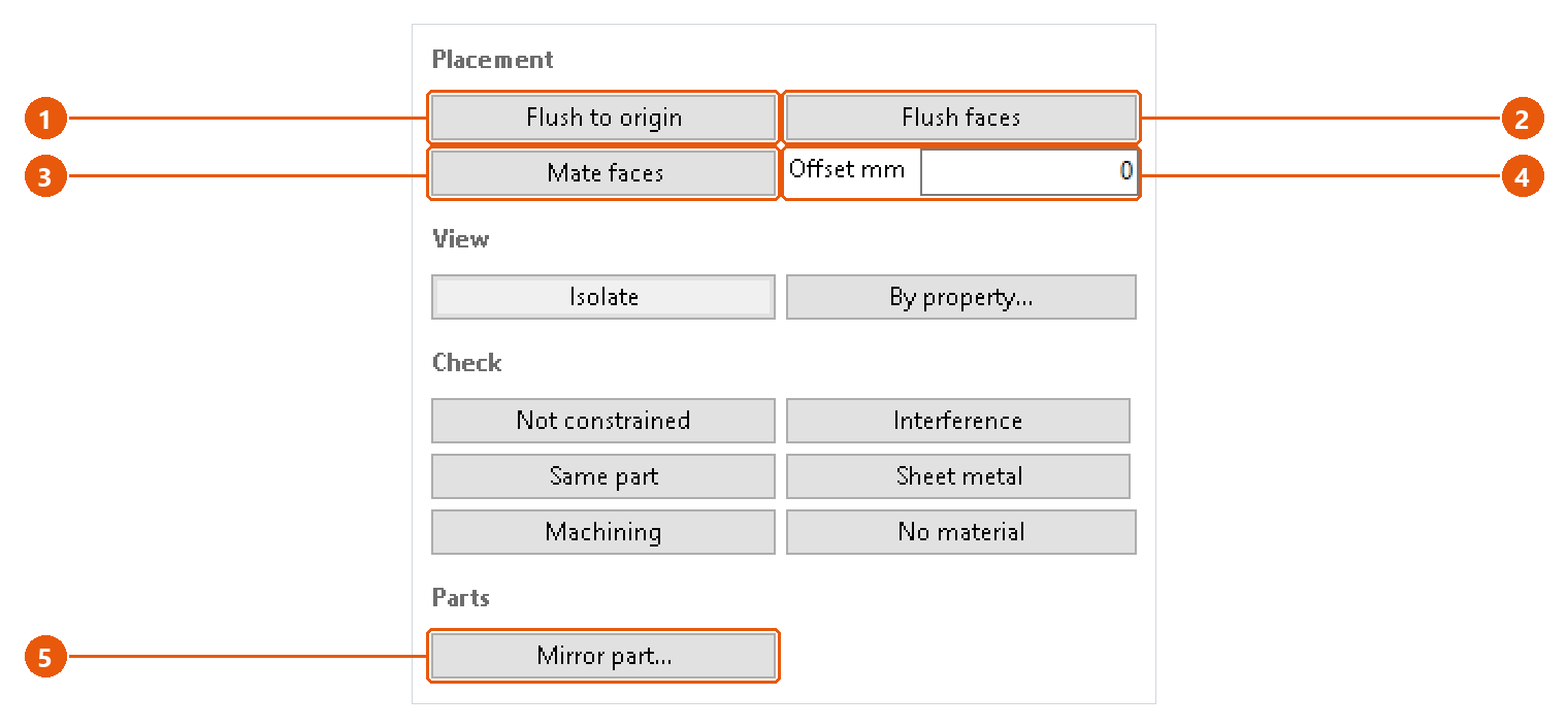 Assembly Tools — placement and mirror: screenshot with numbered callouts