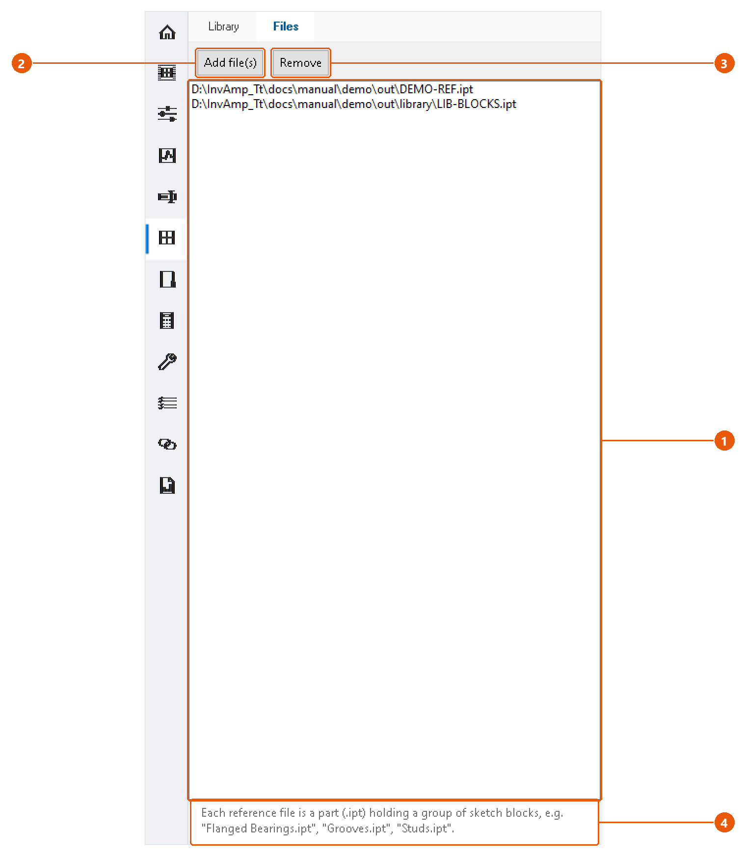 Blocks — sketch block library: screenshot with numbered callouts