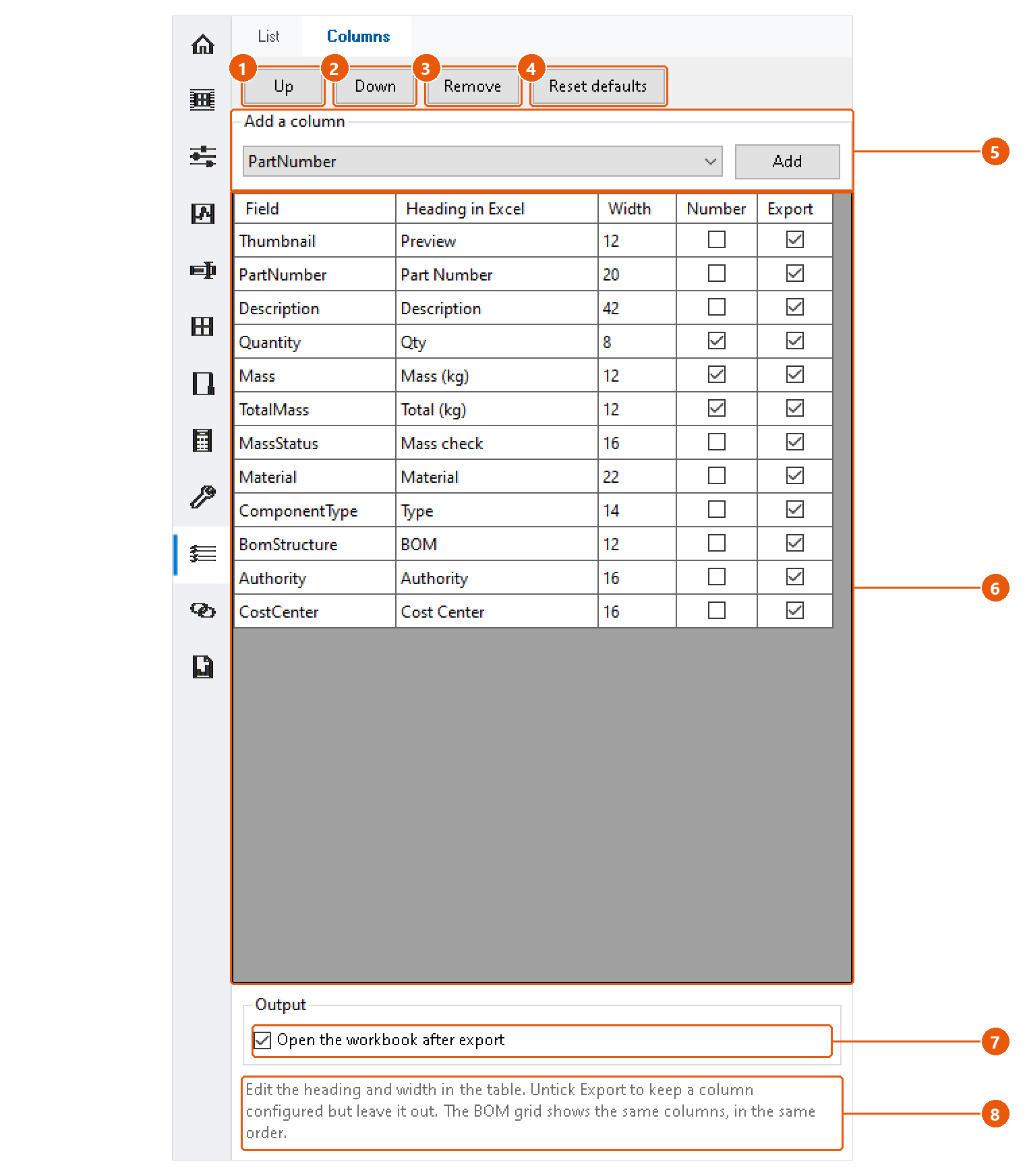 BOM — columns: screenshot with numbered callouts