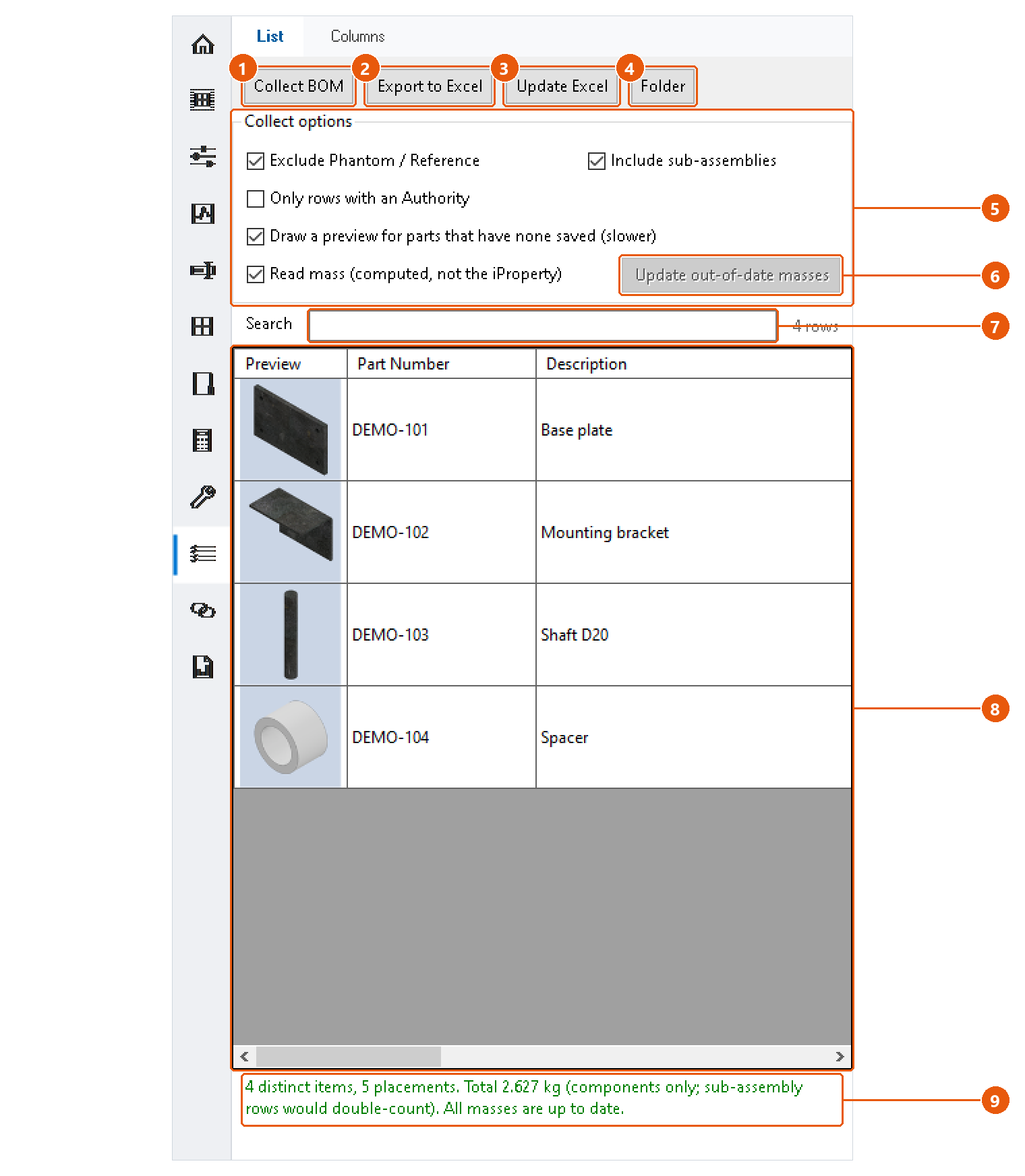 BOM — bill of materials: screenshot with numbered callouts