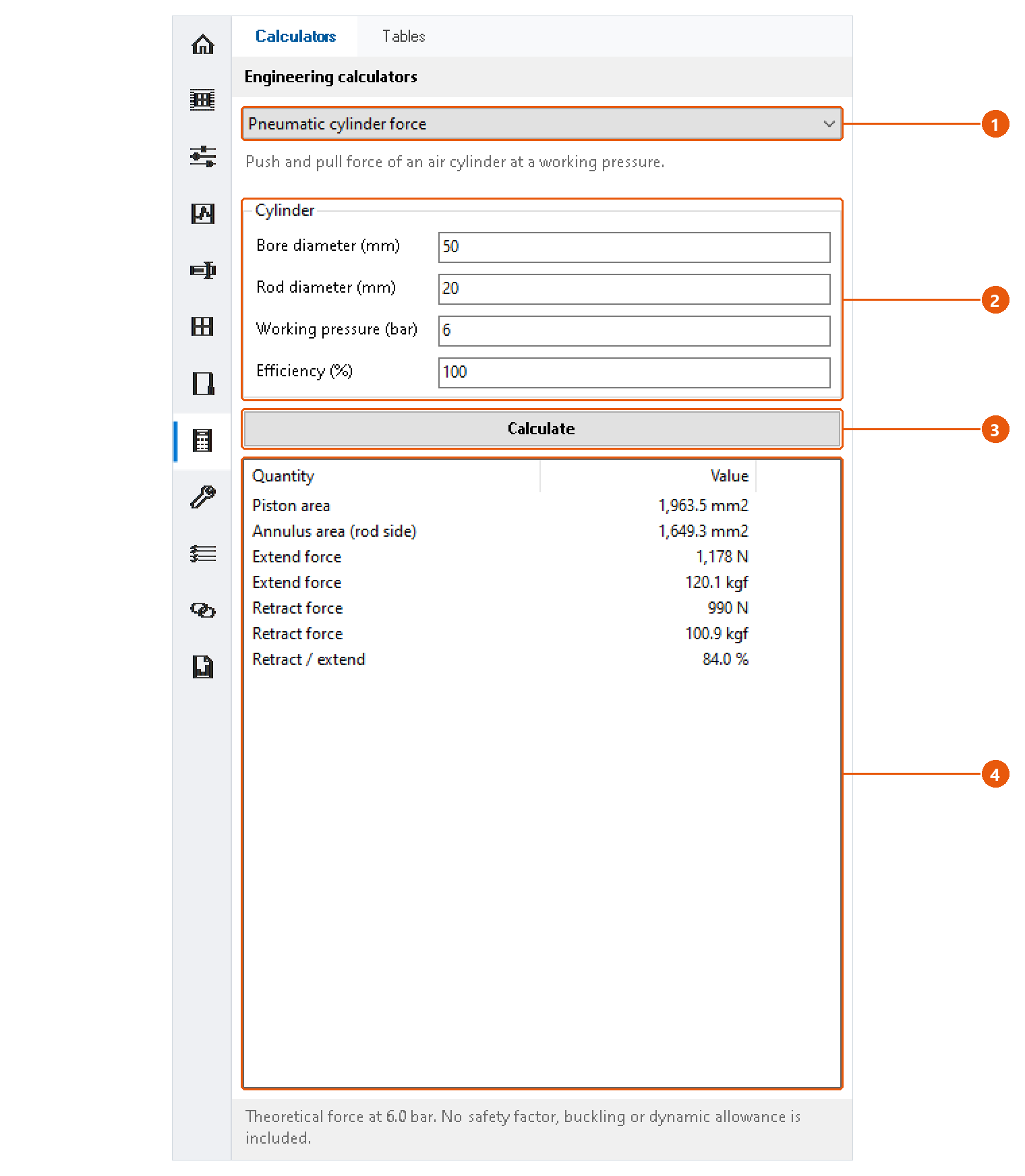 Eng. Tools — calculators and tables: screenshot with numbered callouts