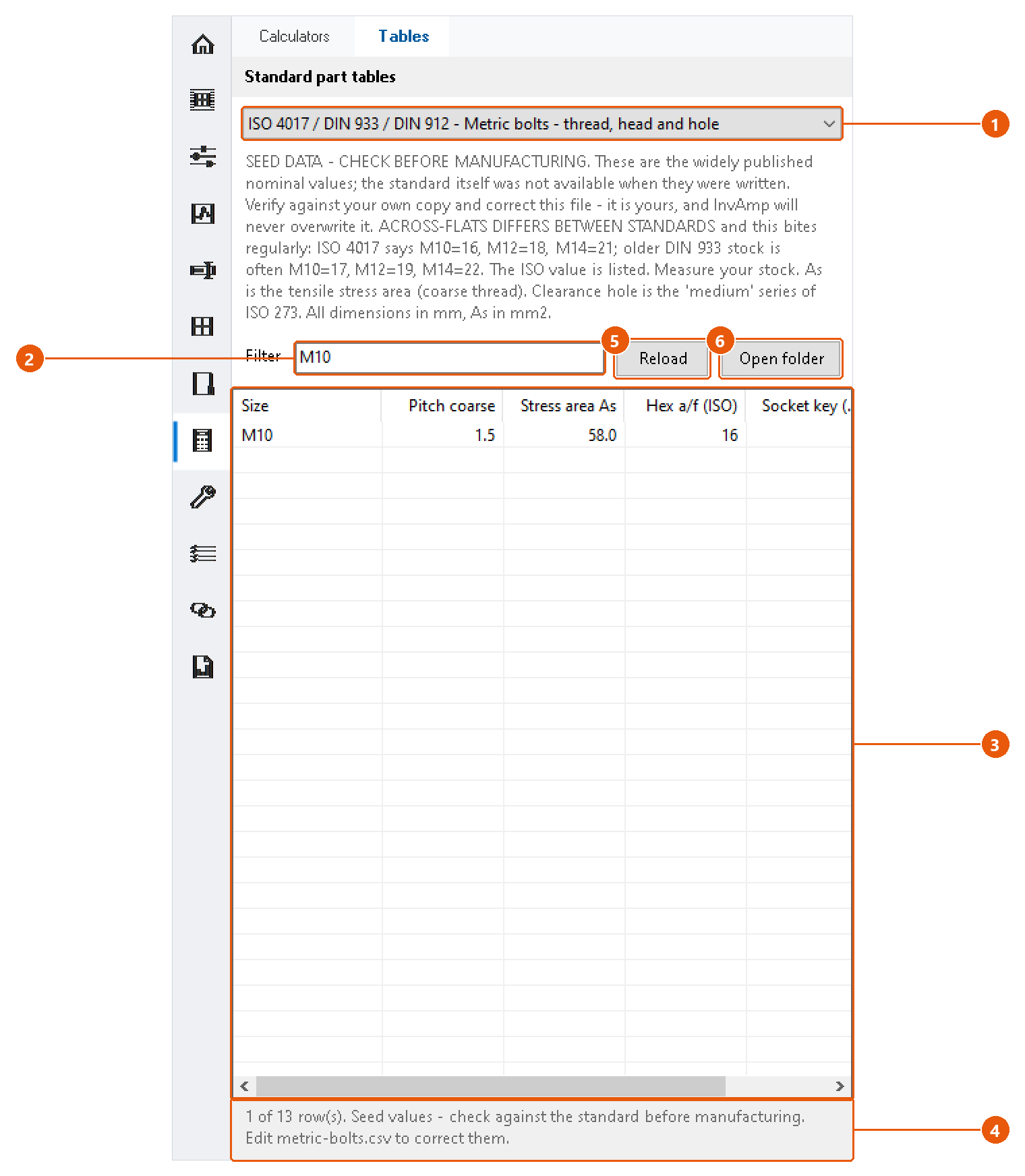 Eng. Tools — calculators and tables: screenshot with numbered callouts