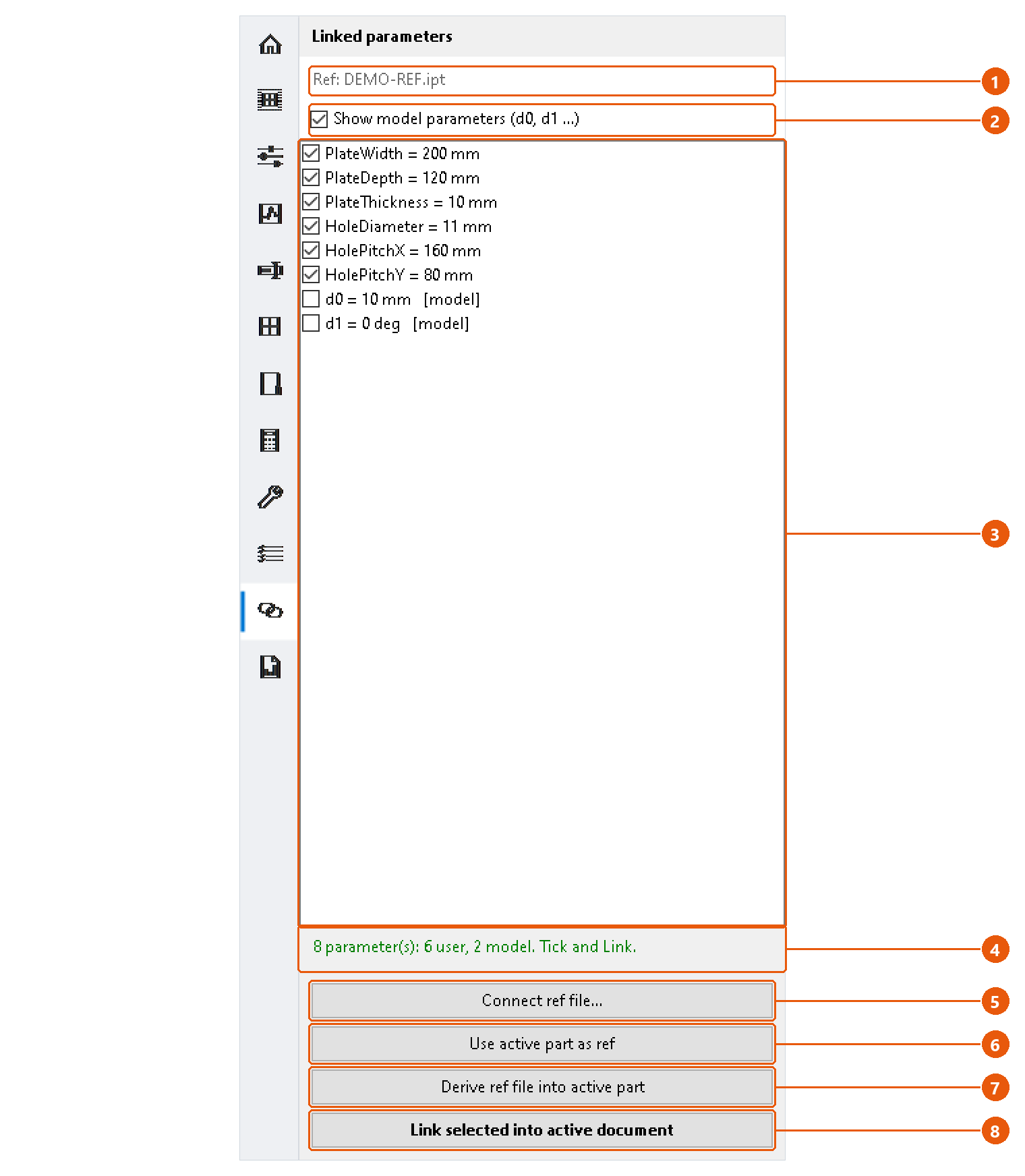 Linked Params — parameters from a reference part: screenshot with numbered callouts