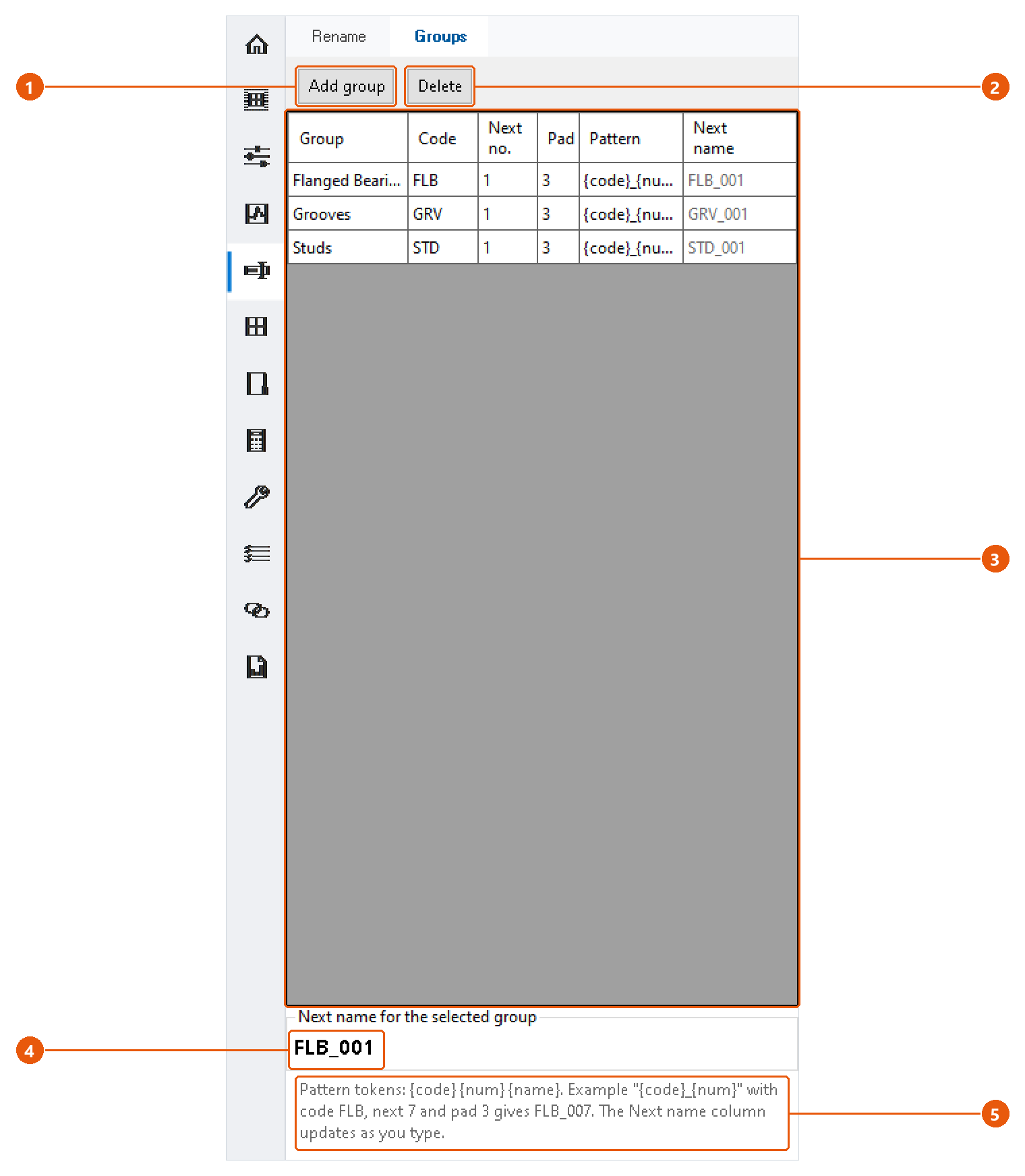 Rename — naming groups: screenshot with numbered callouts