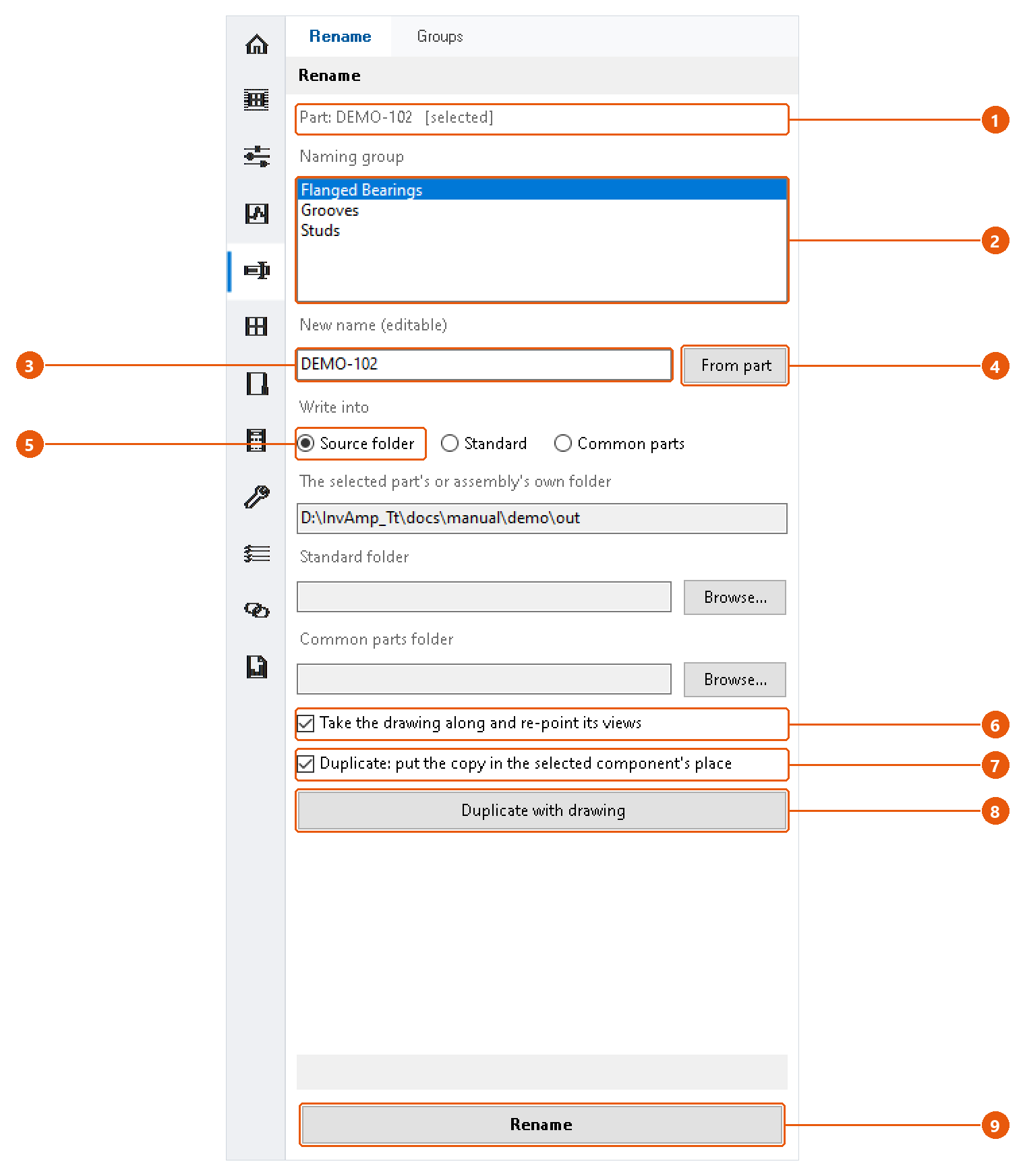 Rename — rename or duplicate a part with its drawing: screenshot with numbered callouts