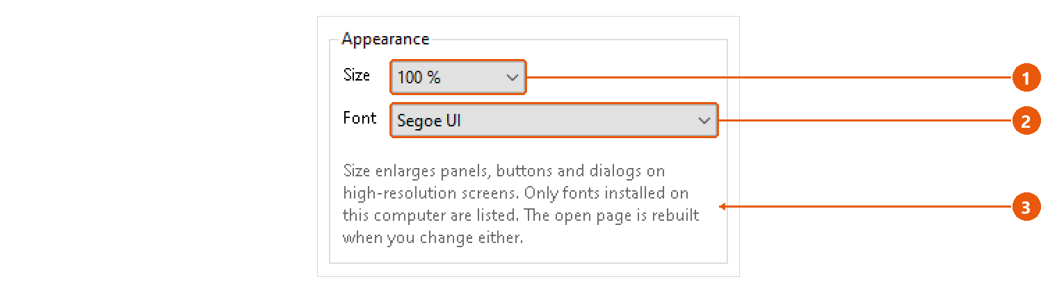 Settings: screenshot with numbered callouts