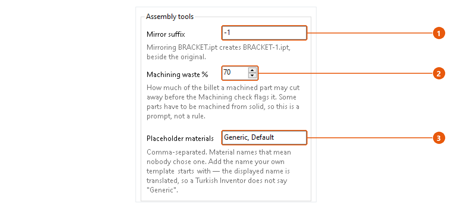 Settings: screenshot with numbered callouts