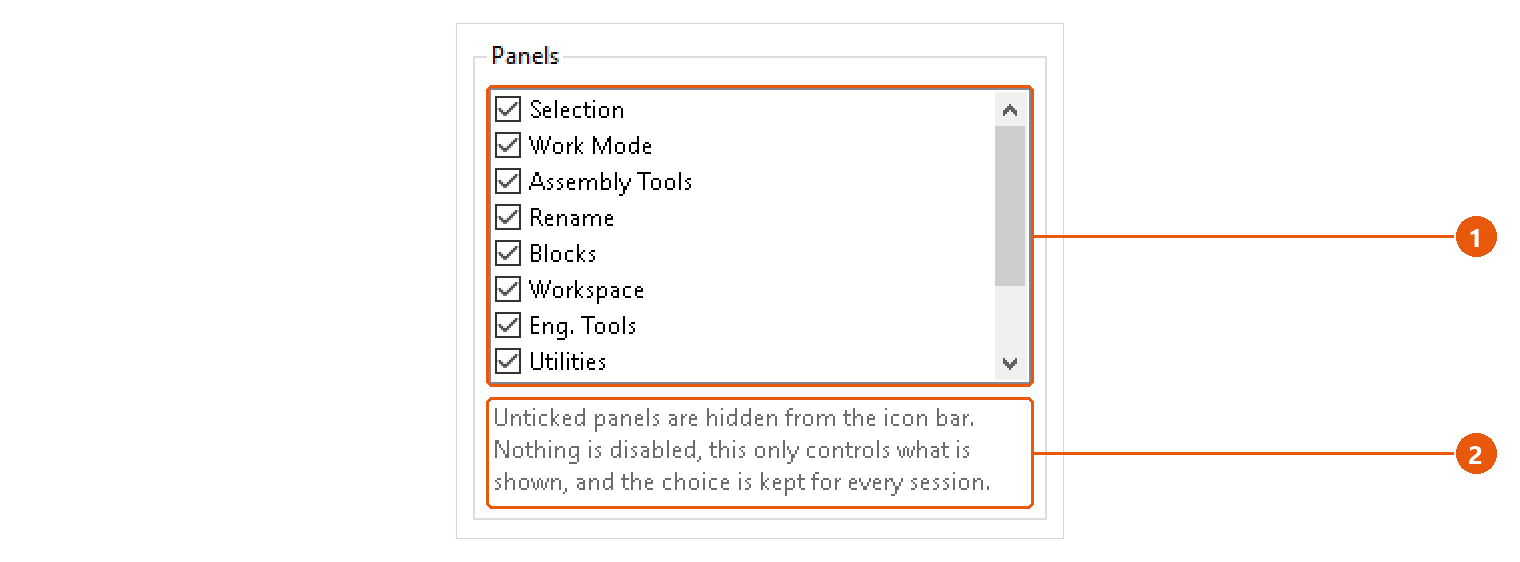Settings: screenshot with numbered callouts