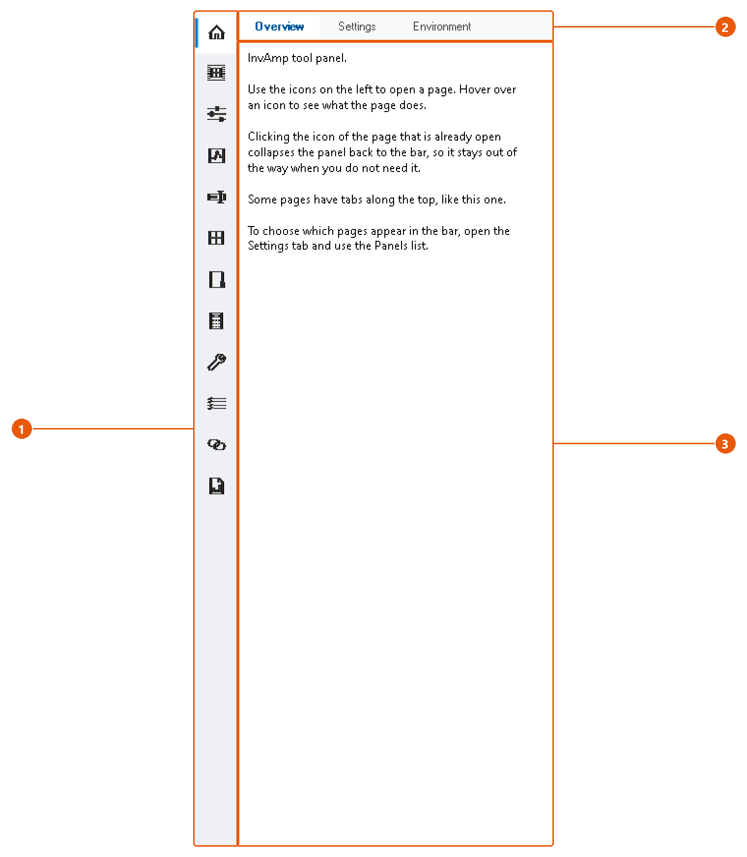 Opening the panel and finding your way: screenshot with numbered callouts