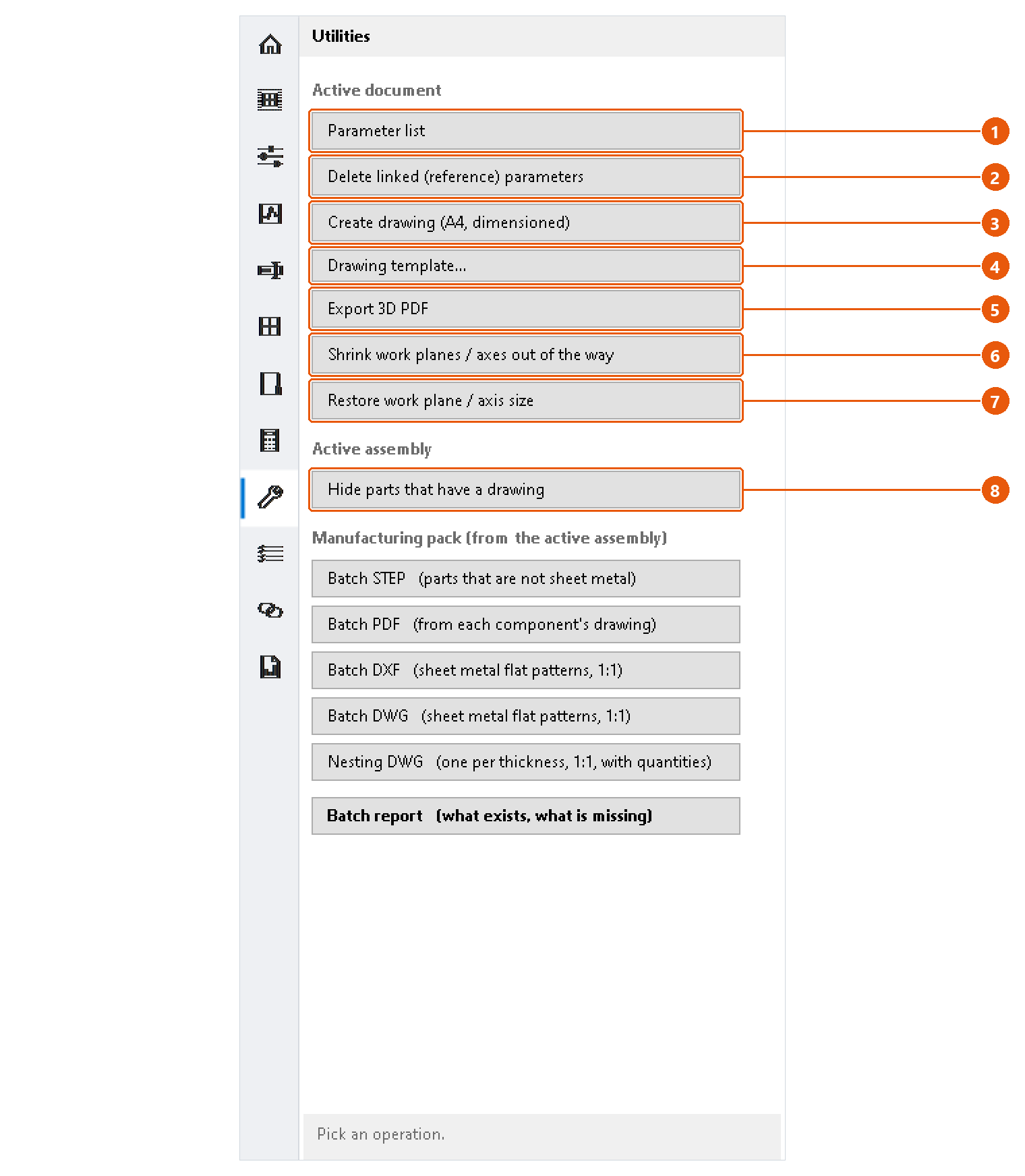 Utilities — tools for the active document: screenshot with numbered callouts
