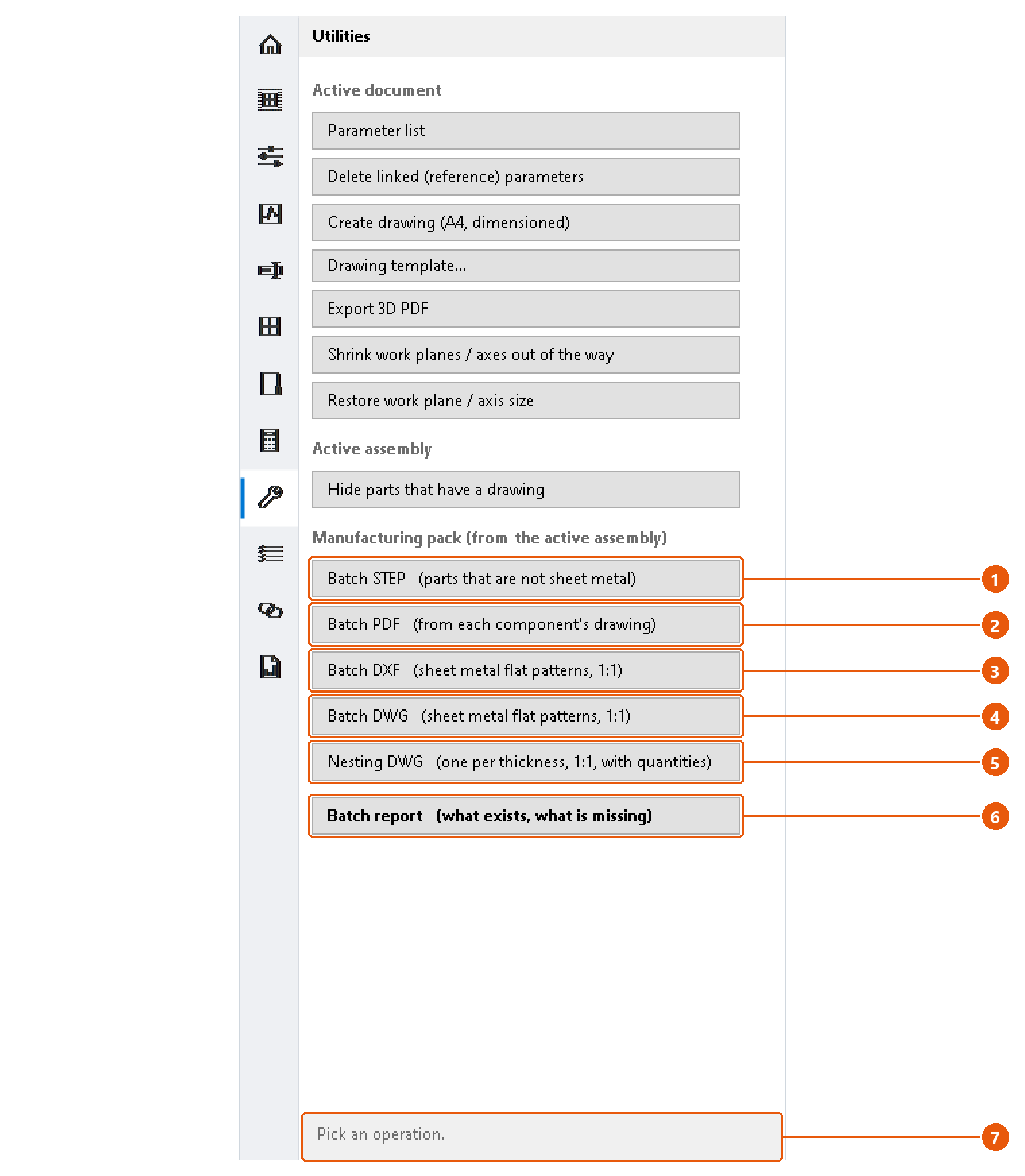 Utilities — manufacturing pack: screenshot with numbered callouts