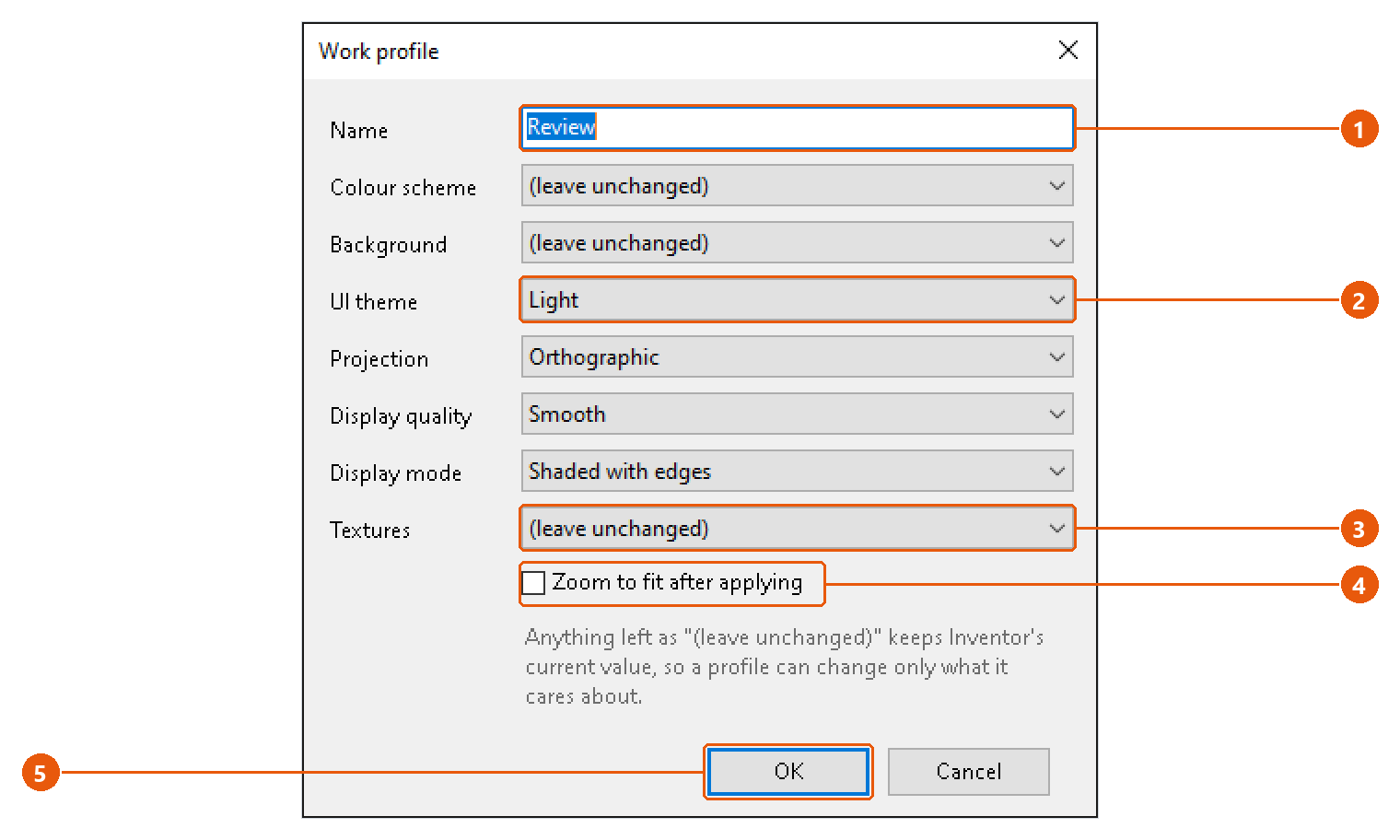 Work Mode — display profiles: screenshot with numbered callouts