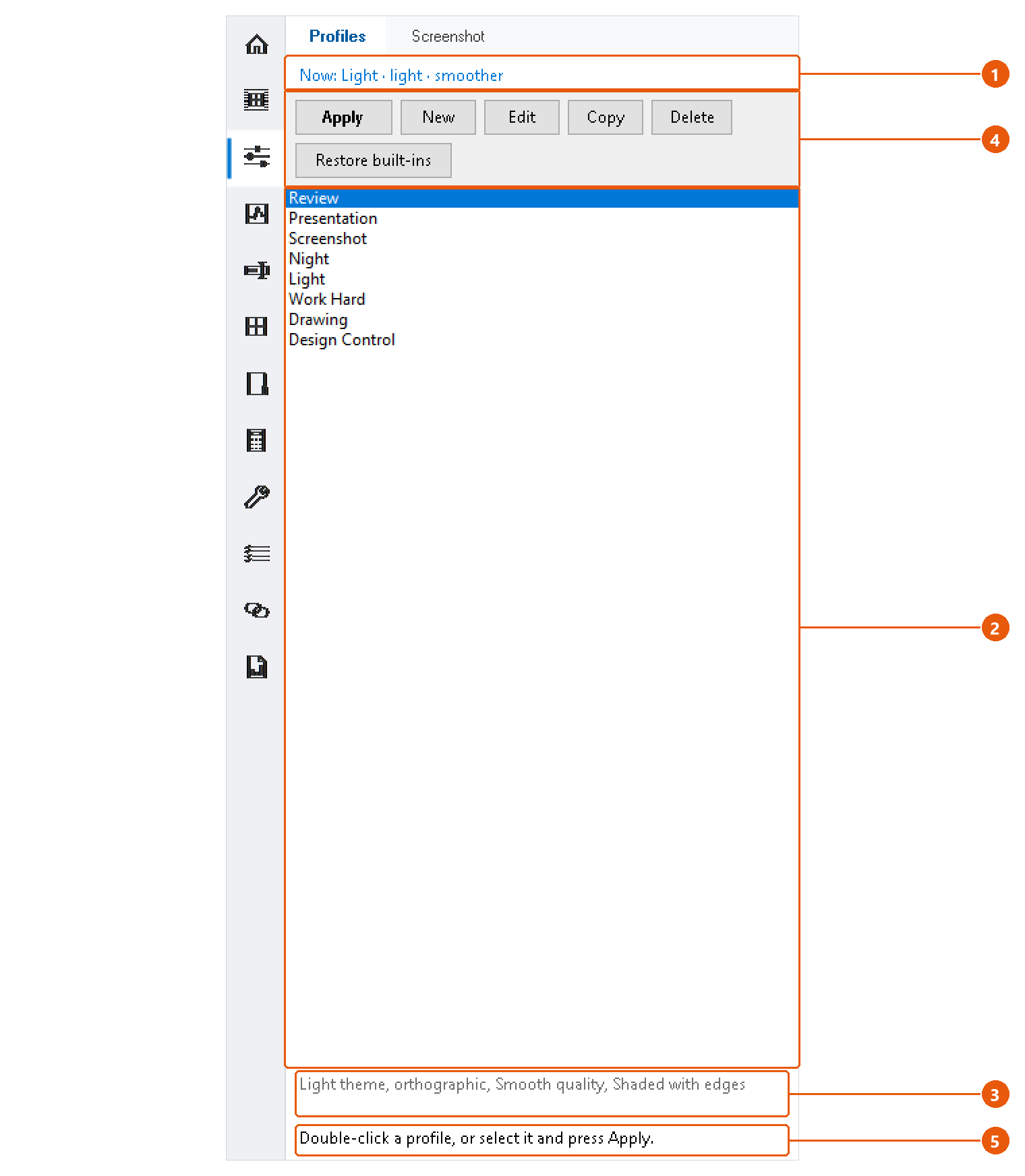 Work Mode — display profiles: screenshot with numbered callouts