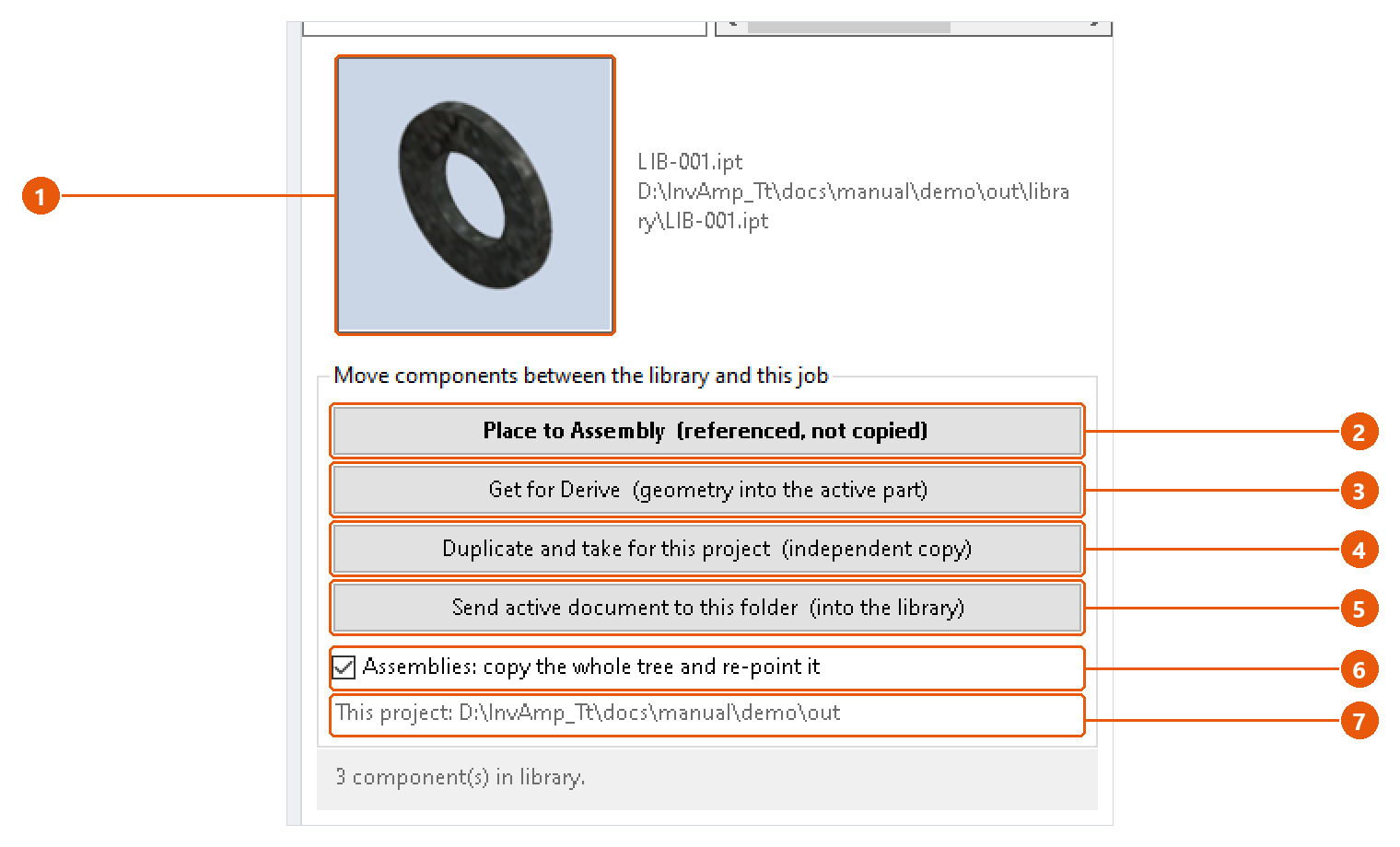 Workspace — reuse components from your folders: screenshot with numbered callouts