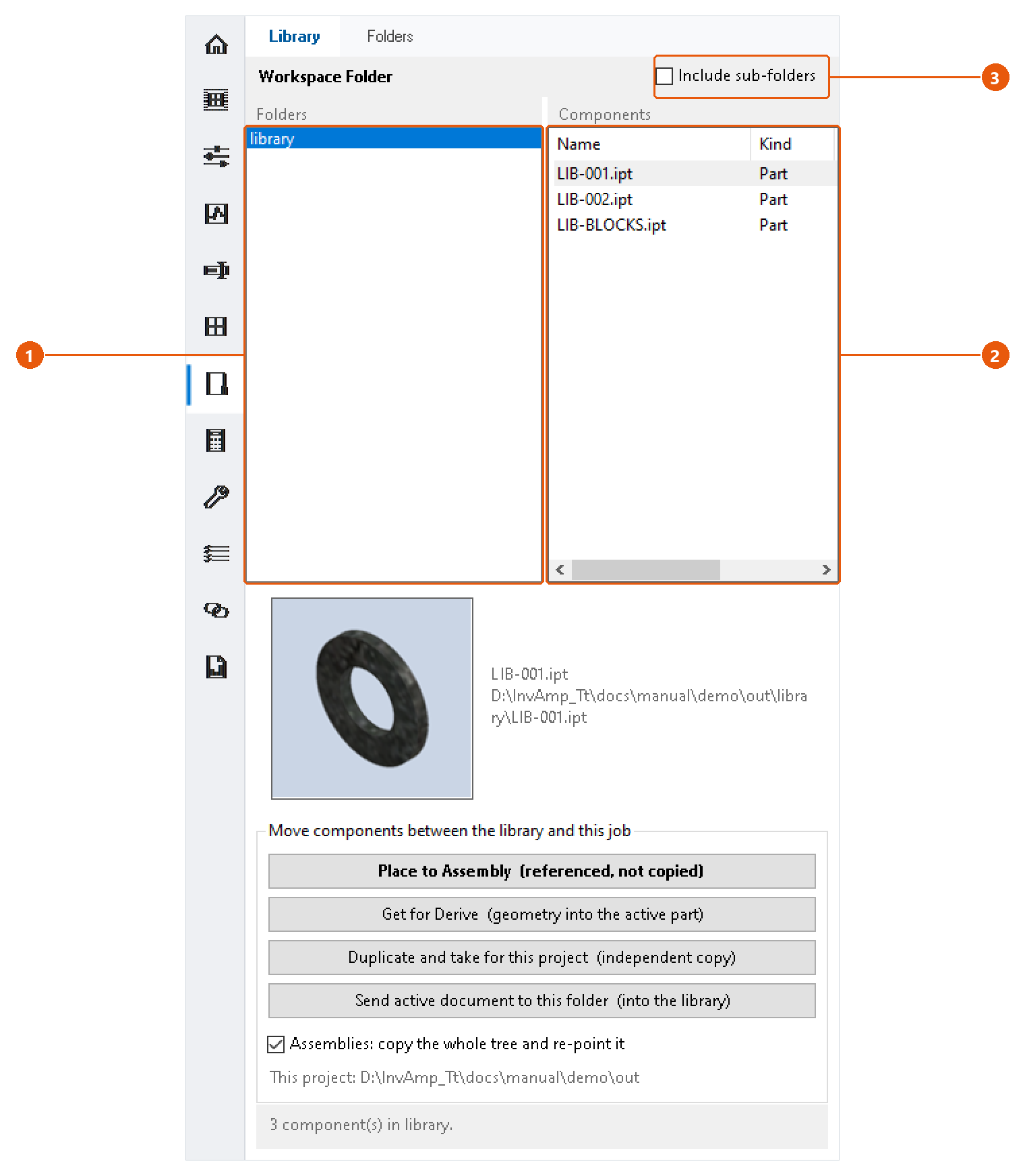 Workspace — reuse components from your folders: screenshot with numbered callouts